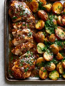 Close-up of succulent sliced chicken breast with a thick, glossy amber honey mustard glaze. (Honey Mustard Chicken and Potatoes)