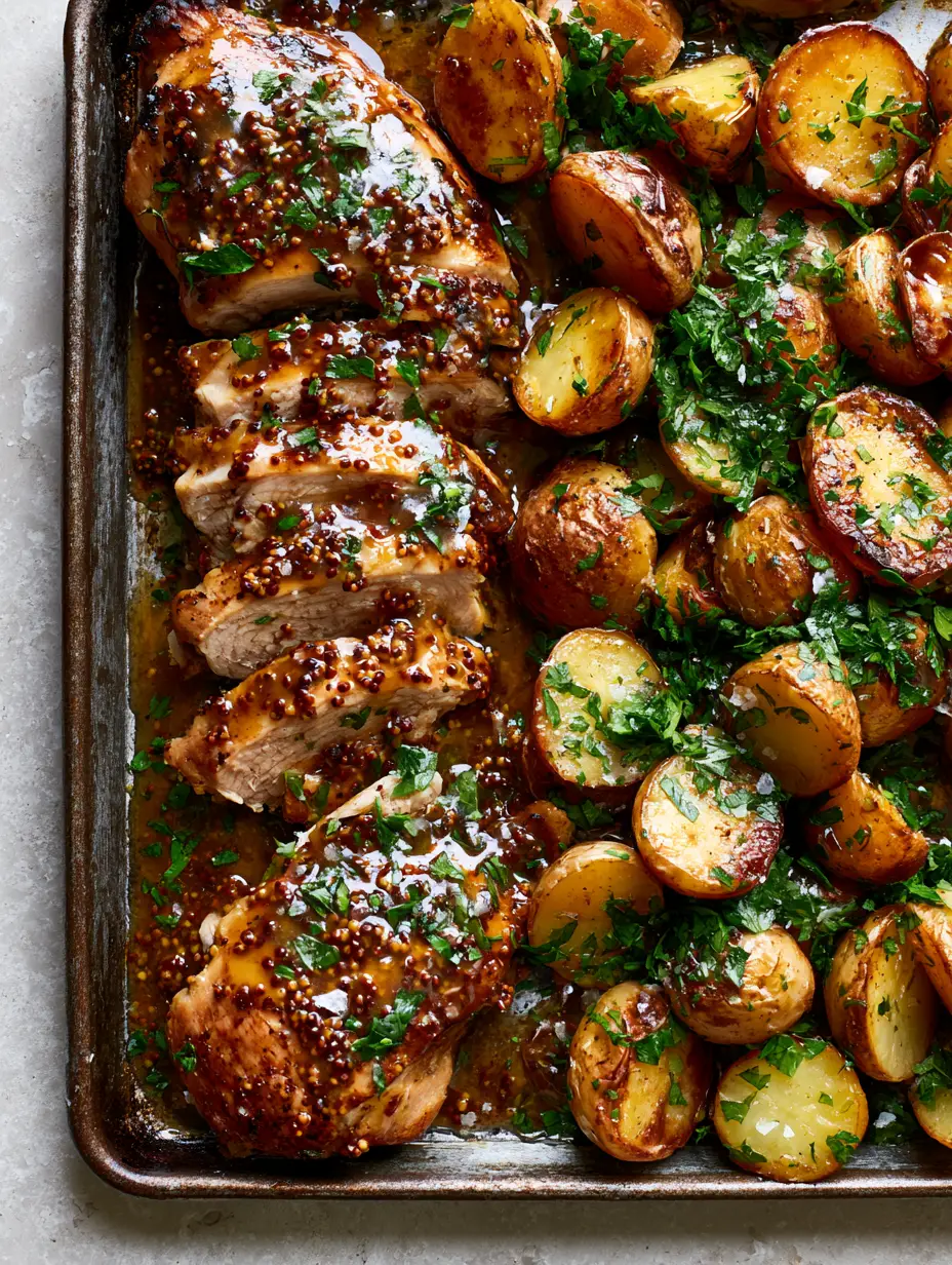 Close-up of succulent sliced chicken breast with a thick, glossy amber honey mustard glaze. (Honey Mustard Chicken and Potatoes)