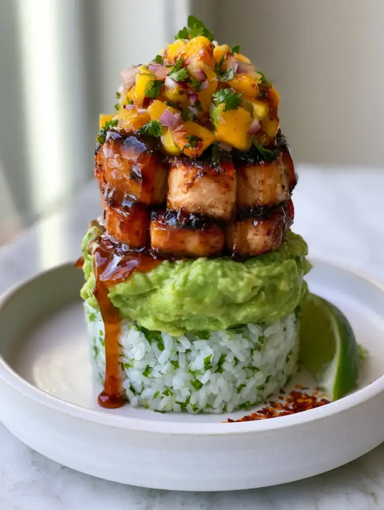 Honey Lime Chicken Avocado Rice Stack: A Gourmet Vertical Layered Feast 1 A close-up of the charred chicken edges and vibrant mango salsa on top of the Honey Lime Chicken Avocado Rice Stack.