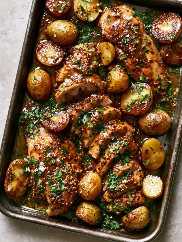 Overhead view of a dark metal sheet pan featuring blistered golden potatoes and honey mustard chicken. (Honey Mustard Chicken and Potatoes)
