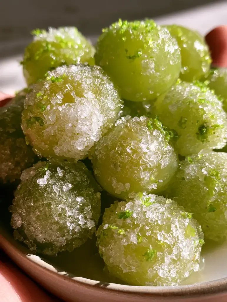 Close up of frozen grapes showing chunky sweetener crystals and microscopic ice crystals on the skin. (frozen grapes)