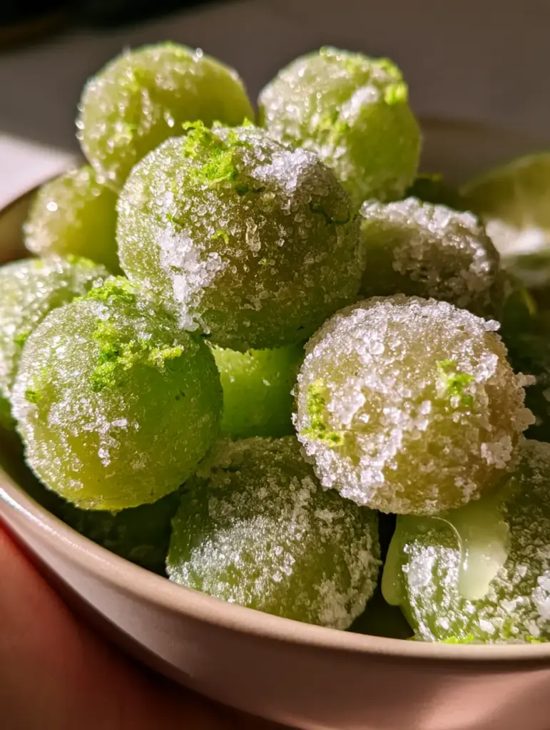 Frozen Grapes with Lime and Sparkling Monk Fruit Sweetener 1 A handful of frosted green grapes held in natural morning light, highlighting the neon green lime zest shavings.