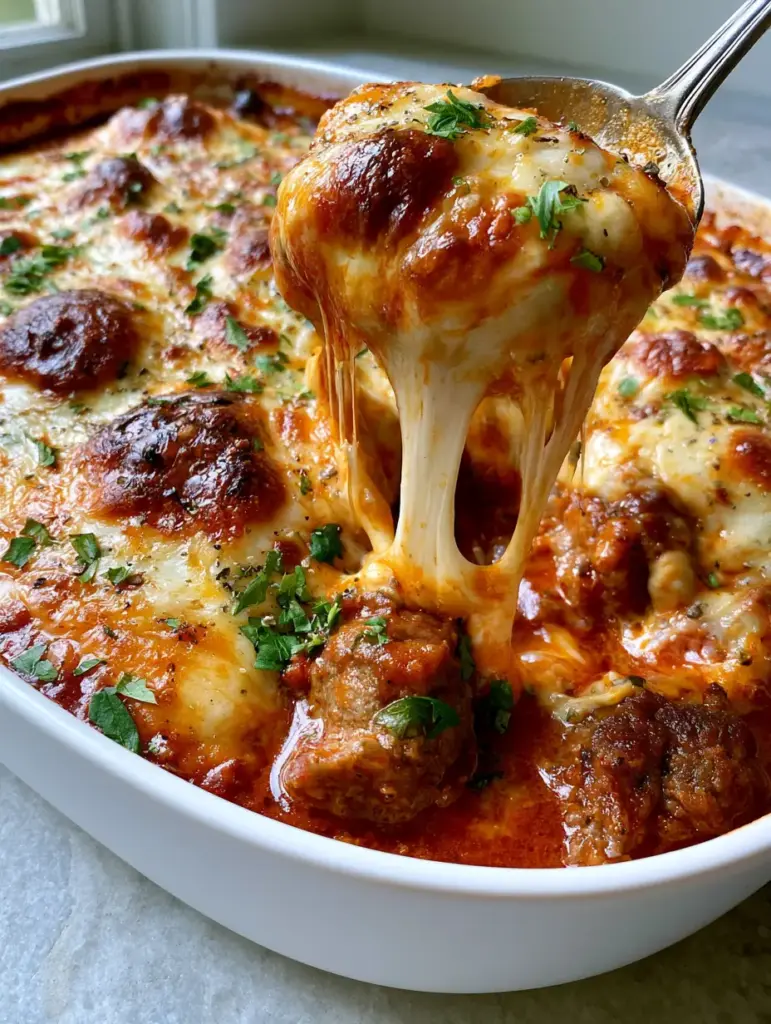 Cheesy Beef Casserole Recipe with Toasted Mozzarella Crust 2 Extreme close-up of a bubbling cheesy beef casserole in a white ceramic dish with golden-brown charred bubbles and fresh parsley. (Cheesy Beef Casserole Recipe)