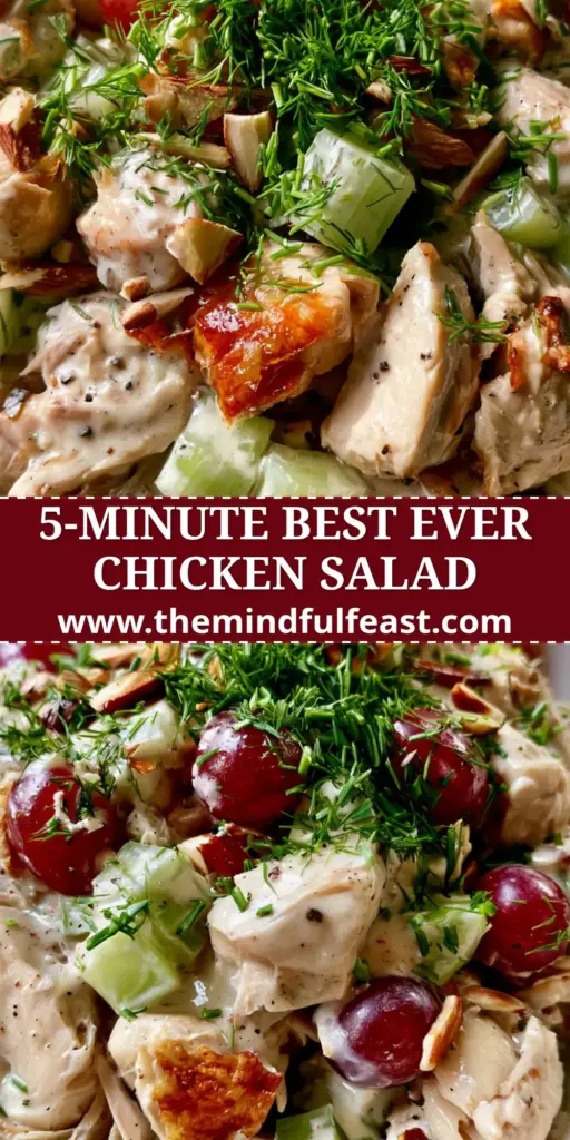 Easy Chicken Salad with Crispy Skin and Toasted Almonds 4 A gourmet easy chicken salad with hand-pulled rotisserie chunks, crimson grapes, and toasted almonds in a matte white bowl.