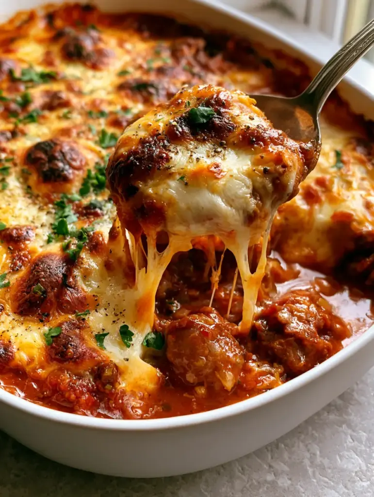 Cheesy Beef Casserole Recipe with Toasted Mozzarella Crust 1 A 45-degree angle shot showing juicy seared ground beef underneath a molten blanket of mozzarella and cheddar cheese.