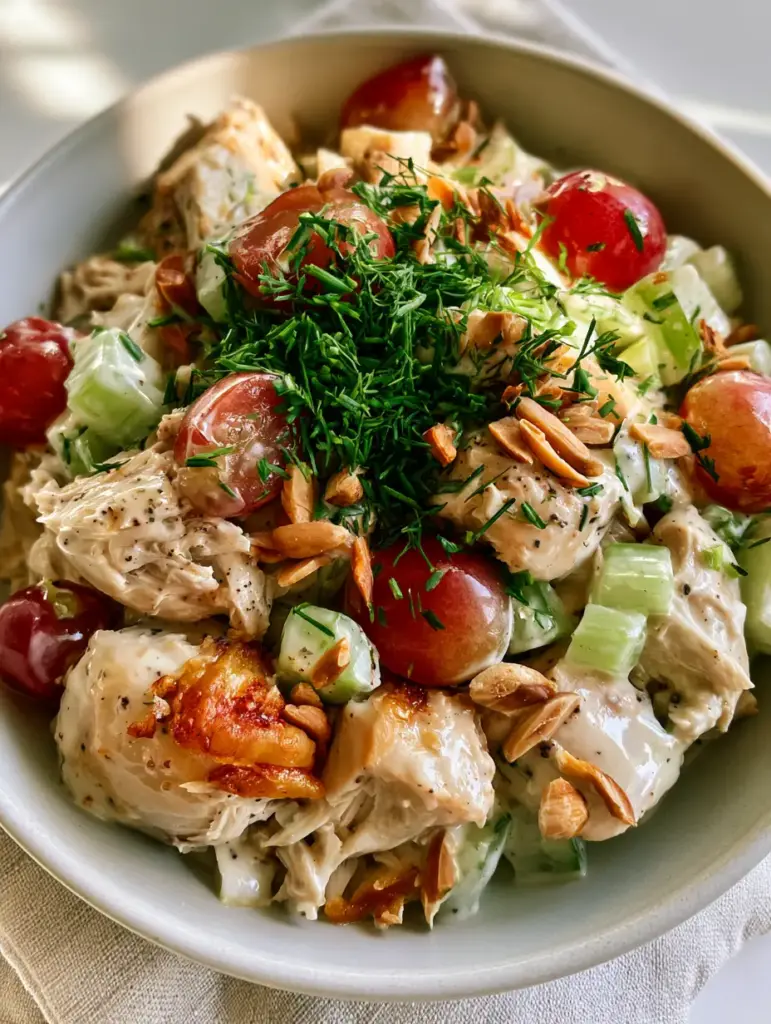 Easy Chicken Salad with Crispy Skin and Toasted Almonds 2 Close-up of easy chicken salad showing glossy ivory dressing and visible cracked black pepper.