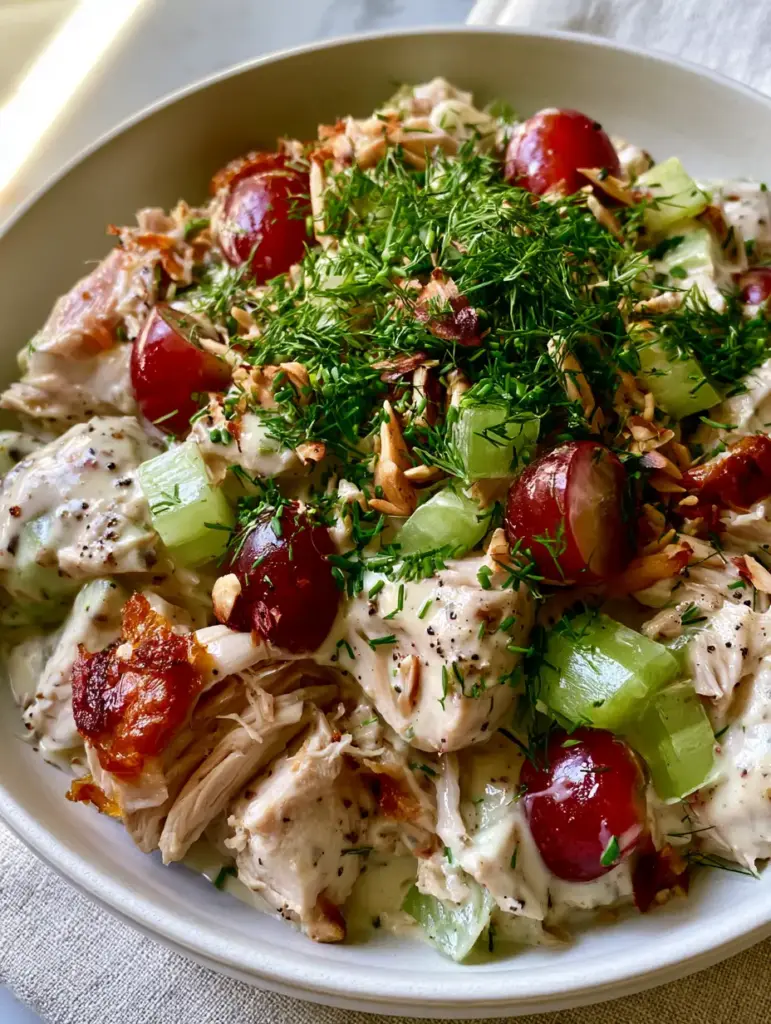 Easy Chicken Salad with Crispy Skin and Toasted Almonds 1 Top-down view of chicken salad garnished with fresh dill and chives in a minimalist bowl.