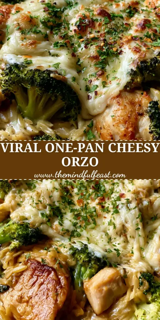 A high-angle photo of Cheesy Chicken and Broccoli Orzo in a cast iron skillet with bubbling mozzarella and fresh parsley.