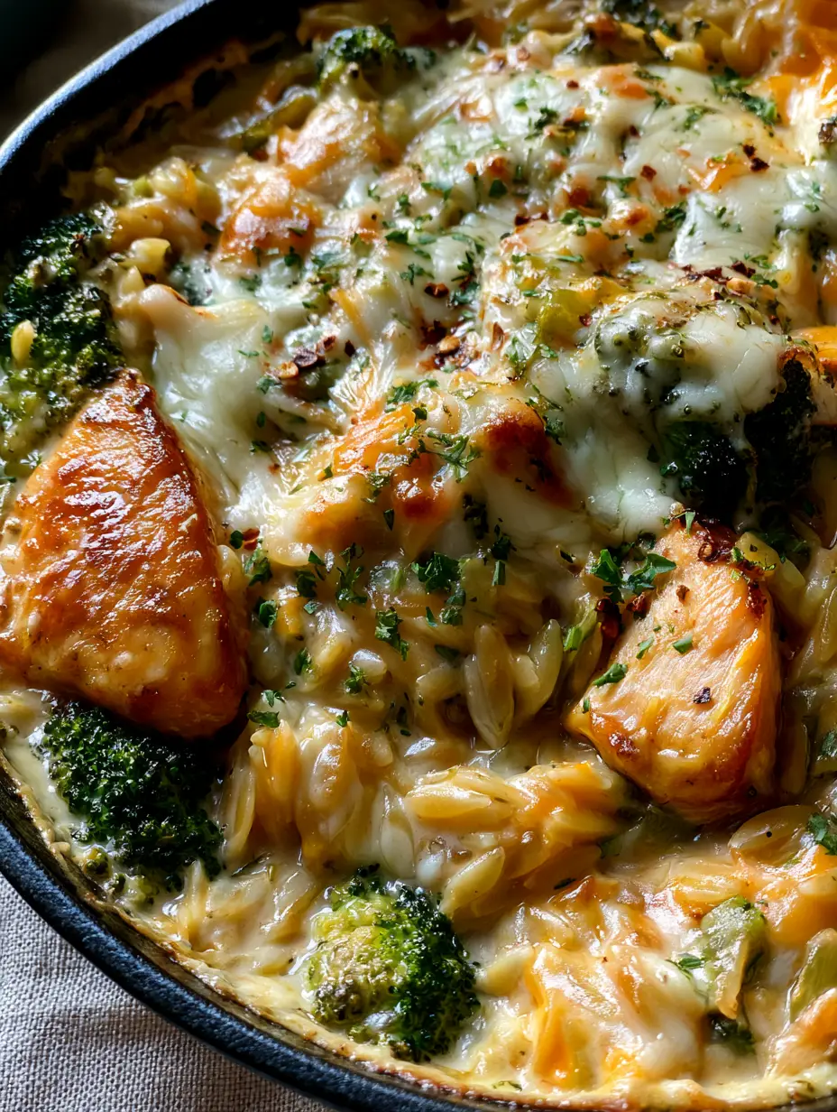 Close up of glossy white cheddar sauce and golden-brown chicken in the Cheesy Chicken and Broccoli Orzo.