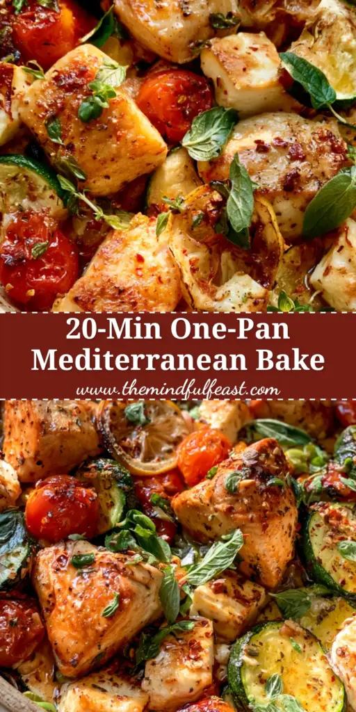 Mediterranean Chicken Zucchini Bake With Blistered Tomatoes and Feta 4 An overhead view of a rustic stoneware dish containing Mediterranean Chicken Zucchini Bake with blistered tomatoes, charred lemons, and browned feta.