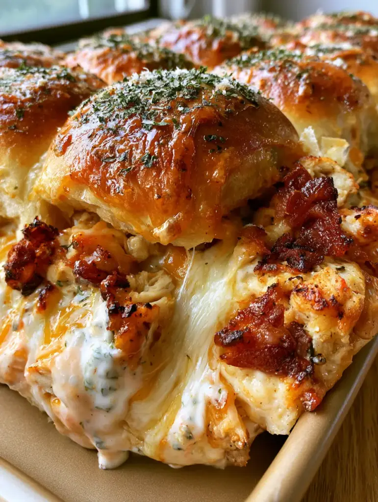 Chicken Bacon Ranch Sandwich Sliders with Garlic Butter Glaze 2 Close-up of golden brown Hawaiian rolls glistening with garlic butter and parsley for a chicken bacon ranch sandwich.