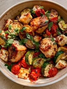 Close up photo of seared chicken breast chunks and caramelized zucchini half-moons in a Mediterranean Chicken Zucchini Bake.