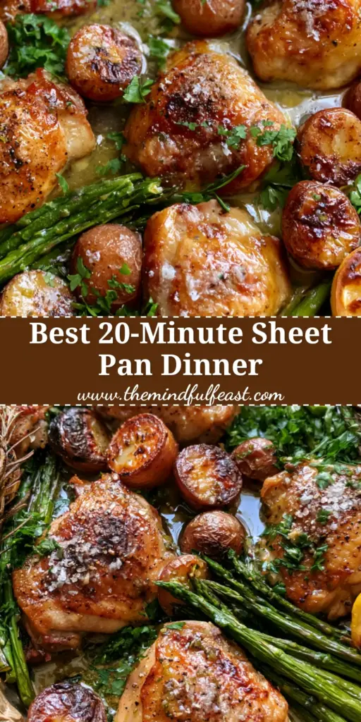 Chicken Dinner Recipe: Crispy Garlic Herb Butter Roasted Thighs and Potatoes 4 Overhead view of a rustic sheet pan featuring golden crispy chicken thighs, charred red potatoes, and green asparagus. (Chicken dinner recipe)