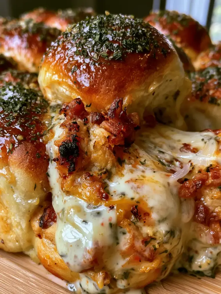 Chicken Bacon Ranch Sandwich Sliders with Garlic Butter Glaze 1 A hand pulling away one slider showing a massive cheese pull of mozzarella and cheddar in a chicken bacon ranch sandwich.