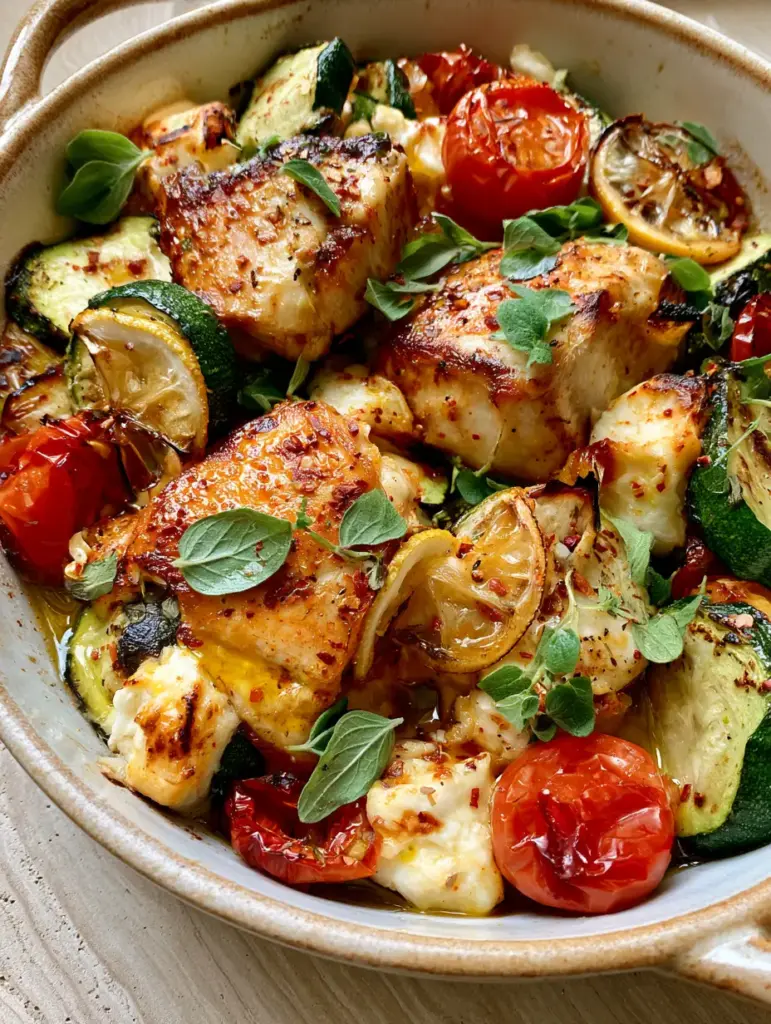 Mediterranean Chicken Zucchini Bake With Blistered Tomatoes and Feta 1 A handheld smartphone photo showing blistered red cherry tomatoes and browned feta cubes in a Mediterranean Chicken Zucchini Bake.