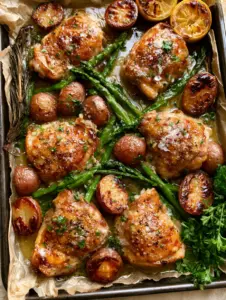 Close up of roasted chicken thighs with glistening crispy skin and caramelized baby red potatoes. (Chicken dinner recipe)