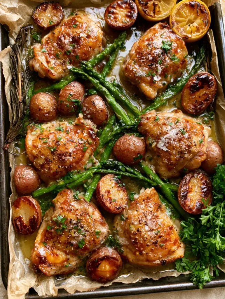Chicken Dinner Recipe: Crispy Garlic Herb Butter Roasted Thighs and Potatoes 2 Close up of roasted chicken thighs with glistening crispy skin and caramelized baby red potatoes. (Chicken dinner recipe)