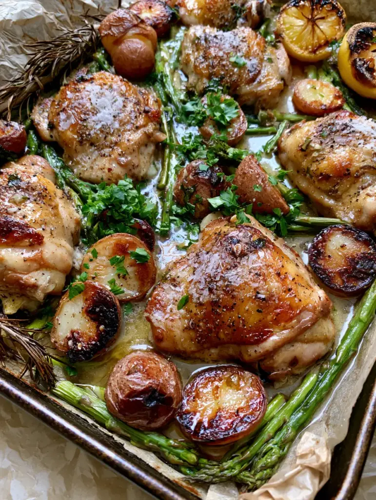 Chicken Dinner Recipe: Crispy Garlic Herb Butter Roasted Thighs and Potatoes 1 A close overhead shot of blistered asparagus nestled next to golden chicken thighs on parchment paper.