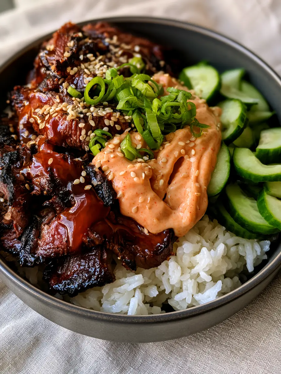 Macro close-up of seared ribeye steak with a dark soy-garlic glaze and toasted sesame seeds. (Korean BBQ Steak Rice Bowls)