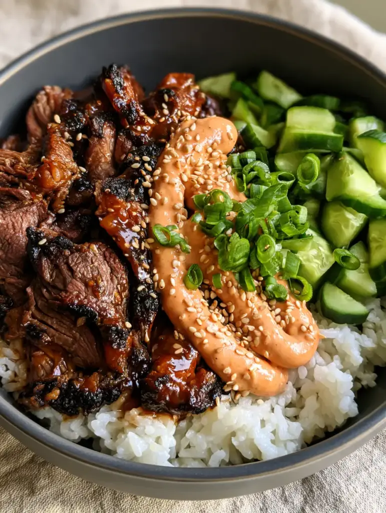 A beautiful spread of Korean BBQ Steak Rice Bowls with crescent-cut cucumbers and scallion rings.