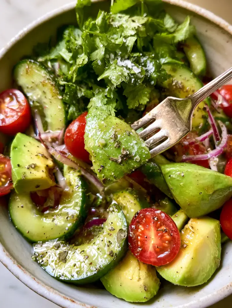 Cucumber avocado salad with Lemon-Herb Vinaigrette 2 Vibrant Cucumber avocado salad with glossy lemon-herb dressing and heirloom tomatoes in a rustic bowl. (Cucumber avocado salad)