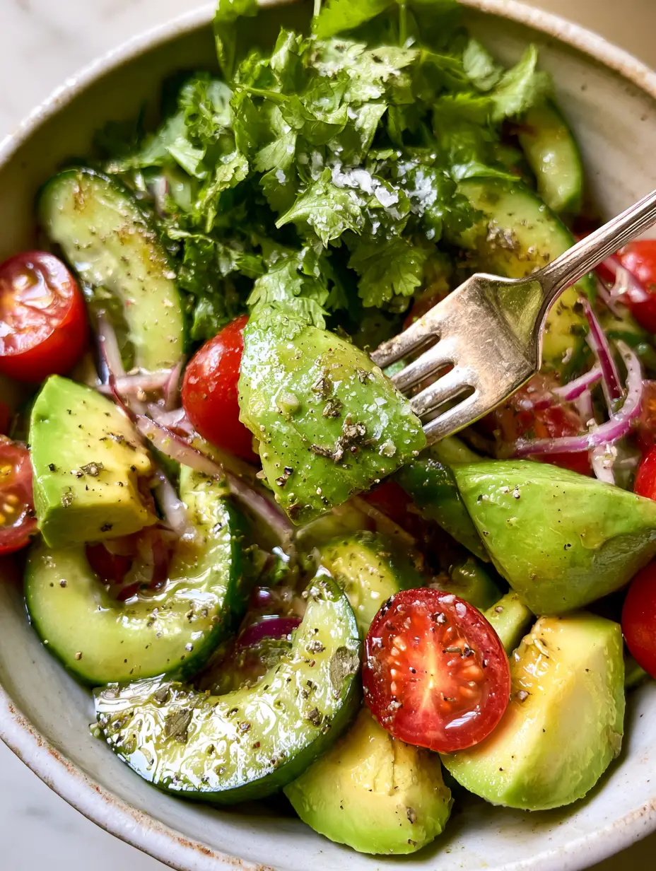 Cucumber avocado salad with Lemon-Herb Vinaigrette 4 Vibrant Cucumber avocado salad with glossy lemon-herb dressing and heirloom tomatoes in a rustic bowl. (Cucumber avocado salad)