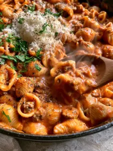 High-angle shot of a rustic cast iron skillet filled with beef pasta, showcasing the shimmering orange sauce. (Beef pasta recipe)