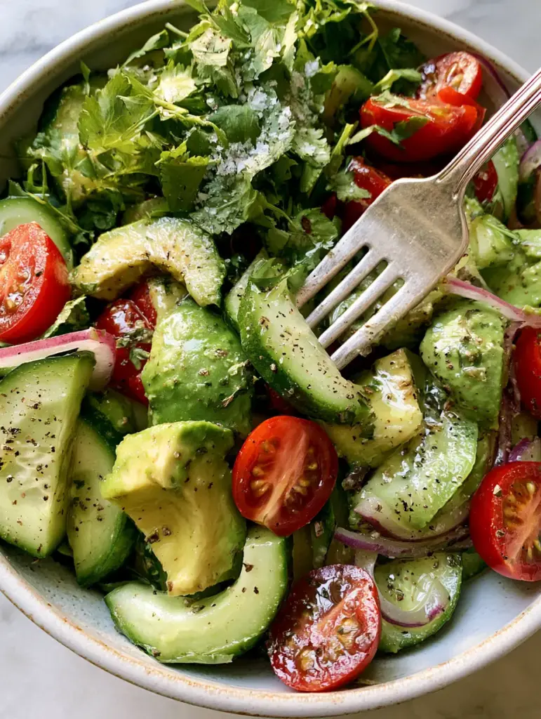 Cucumber avocado salad with Lemon-Herb Vinaigrette 1 A fork lifting a perfect bite of Cucumber avocado salad showing the crisp texture of English cucumbers.