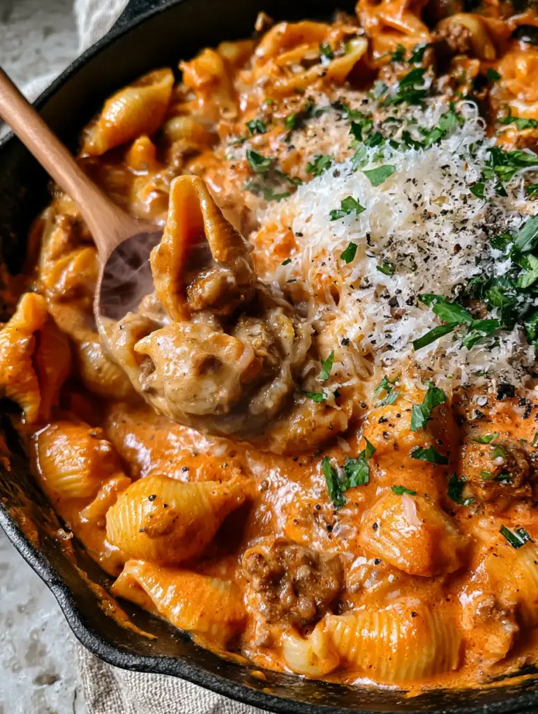 Beef Pasta Recipe: Creamy Skillet Shells with Seared Ground Beef 1 Close up of a wooden spoon lifting a scoop of beef pasta with steam and melting parmesan cheese.