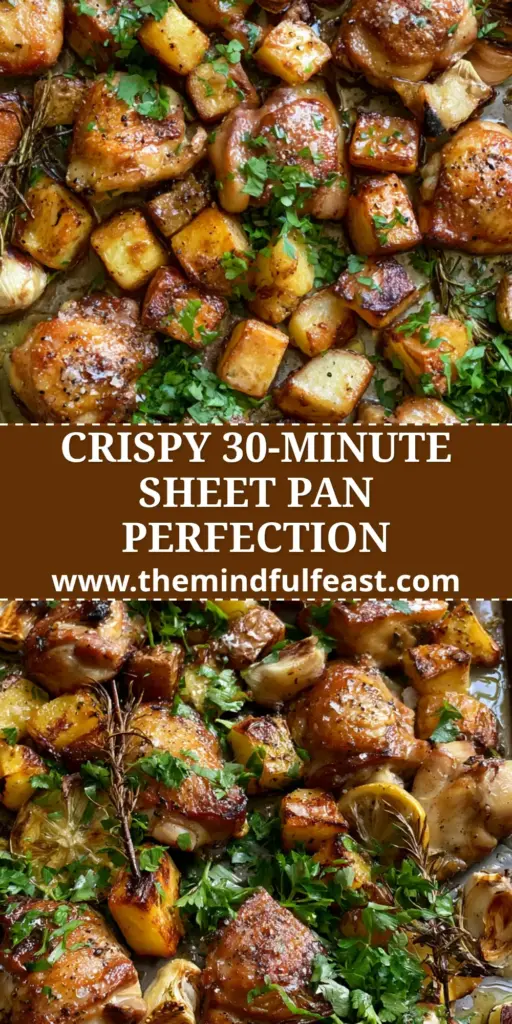 Chicken and Potatoes with Crispy Garlic Butter and Roasted Garlic 4 A rustic sheet pan filled with glistening chicken and potatoes, charred lemons, and roasted garlic cloves garnished with fresh parsley.