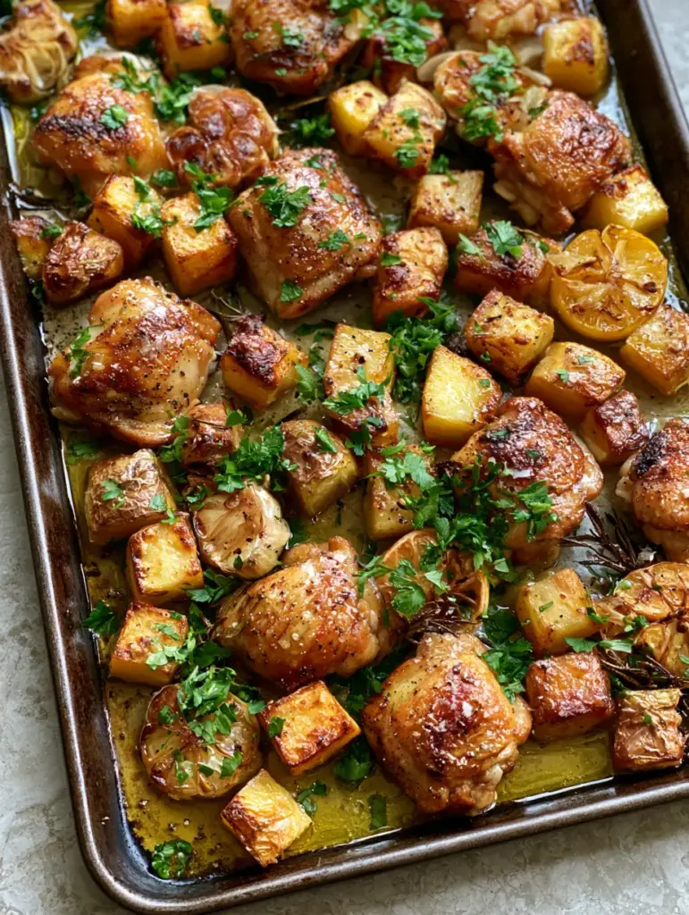 Chicken and Potatoes with Crispy Garlic Butter and Roasted Garlic 2 Top-down view of roasted chicken and potatoes with sea salt flakes and rosemary on a dark metal pan.