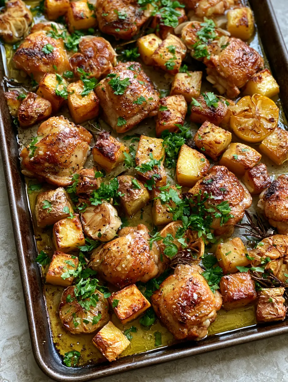 Chicken and Potatoes with Crispy Garlic Butter and Roasted Garlic 3 Top-down view of roasted chicken and potatoes with sea salt flakes and rosemary on a dark metal pan.