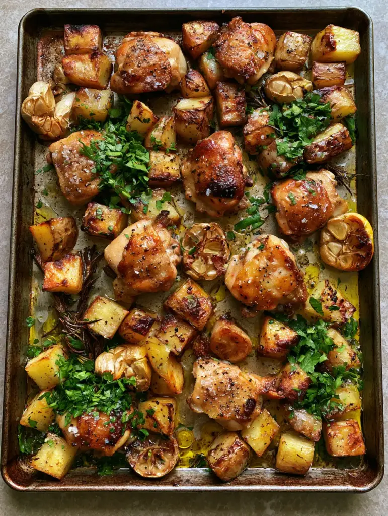 Chicken and Potatoes with Crispy Garlic Butter and Roasted Garlic 1 Close-up of seared chicken thigh chunks and crispy Yukon Gold potato cubes glistening with garlic butter.