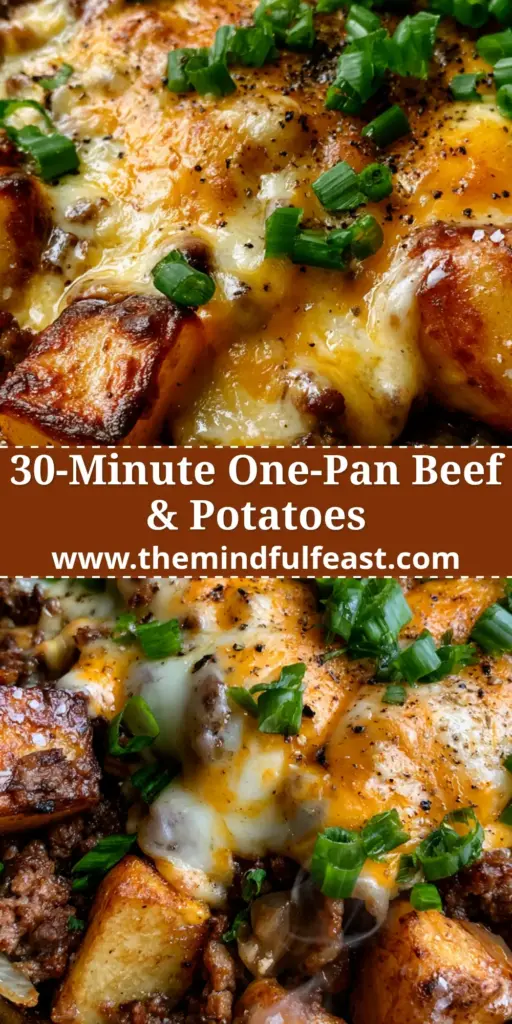 Ground beef and potato recipe: The Ultimate Cheesy Skillet Dinner 4 A top-down view of a cheesy ground beef and potato skillet with melted cheddar and green scallions. (Ground beef and potato recipe)