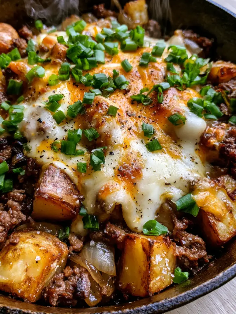 Ground beef and potato recipe: The Ultimate Cheesy Skillet Dinner 2 Macro shot of crispy cubed potatoes and browned ground beef in a cast iron pan. (Ground beef and potato recipe)