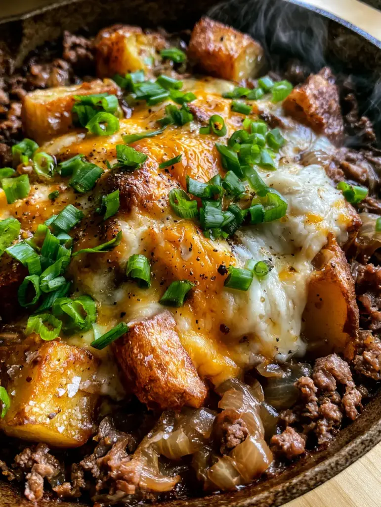 Ground beef and potato recipe: The Ultimate Cheesy Skillet Dinner 1 Close up of bubbling melted cheddar and mozzarella cheese over a ground beef and potato recipe.