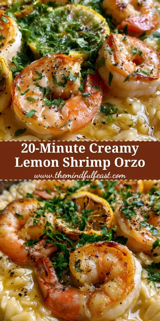 Shrimp Orzo Recipe with Lemon Garlic Butter and Charred Shrimp 4 A top-down view of a Shrimp Orzo recipe in a cast iron skillet with charred jumbo shrimp and lemon wheels. (Shrimp Orzo recipe)