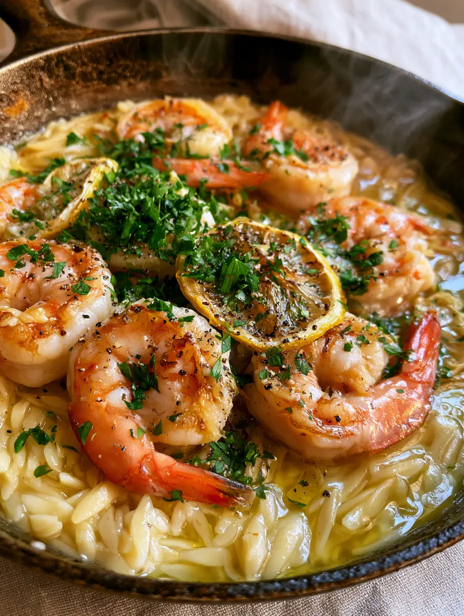 Shrimp Orzo Recipe with Lemon Garlic Butter and Charred Shrimp 3 Macro close-up of seared shrimp with charred tails on a bed of velvety orzo. (Shrimp Orzo recipe)