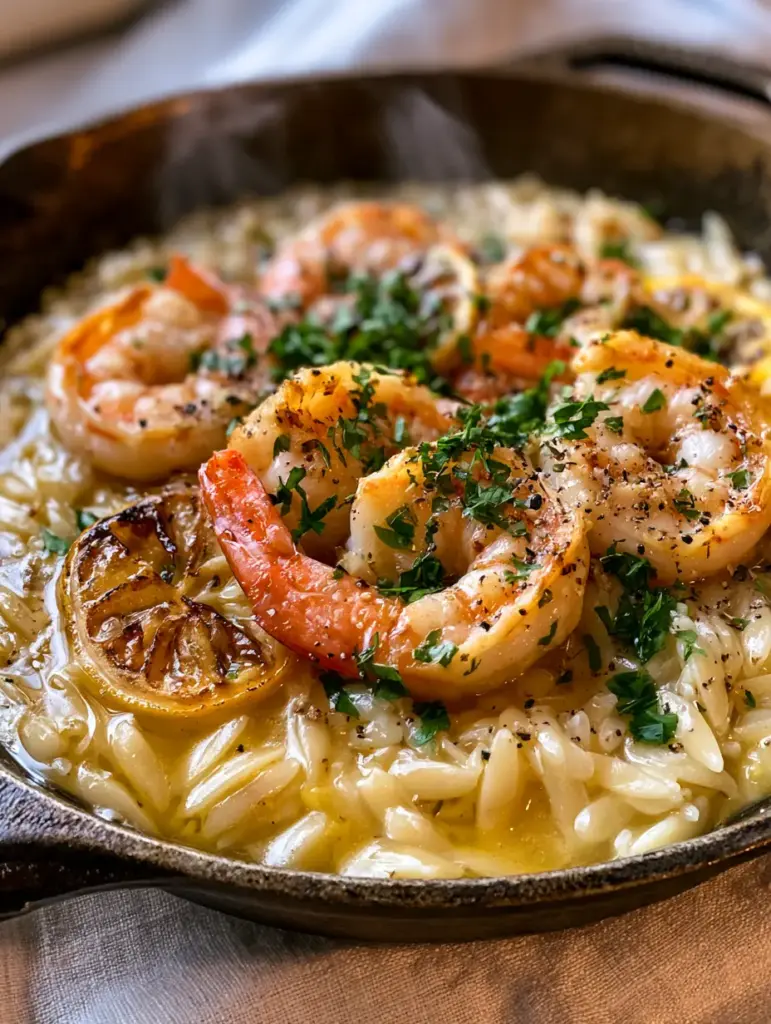 Shrimp Orzo Recipe with Lemon Garlic Butter and Charred Shrimp 1 Details of glistening lemon garlic butter sauce coating toasted orzo grains. (Shrimp Orzo recipe)