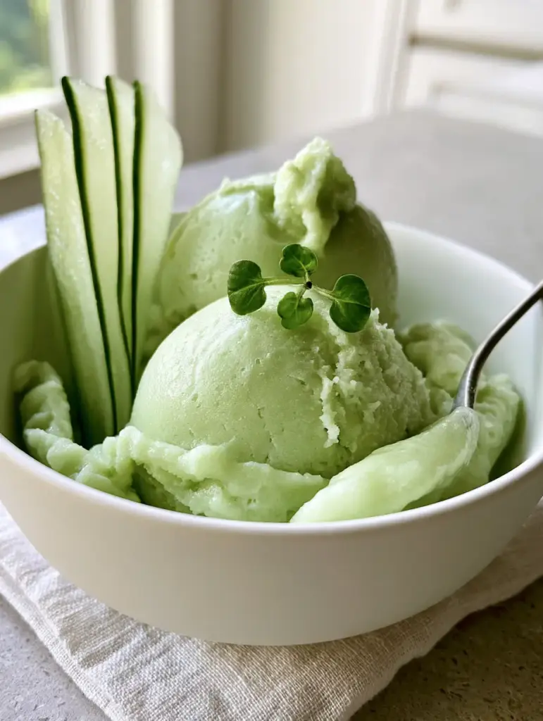 A smartphone photo showing exceptionally smooth honeydew cucumber sorbet with soft peaks in a white bowl.