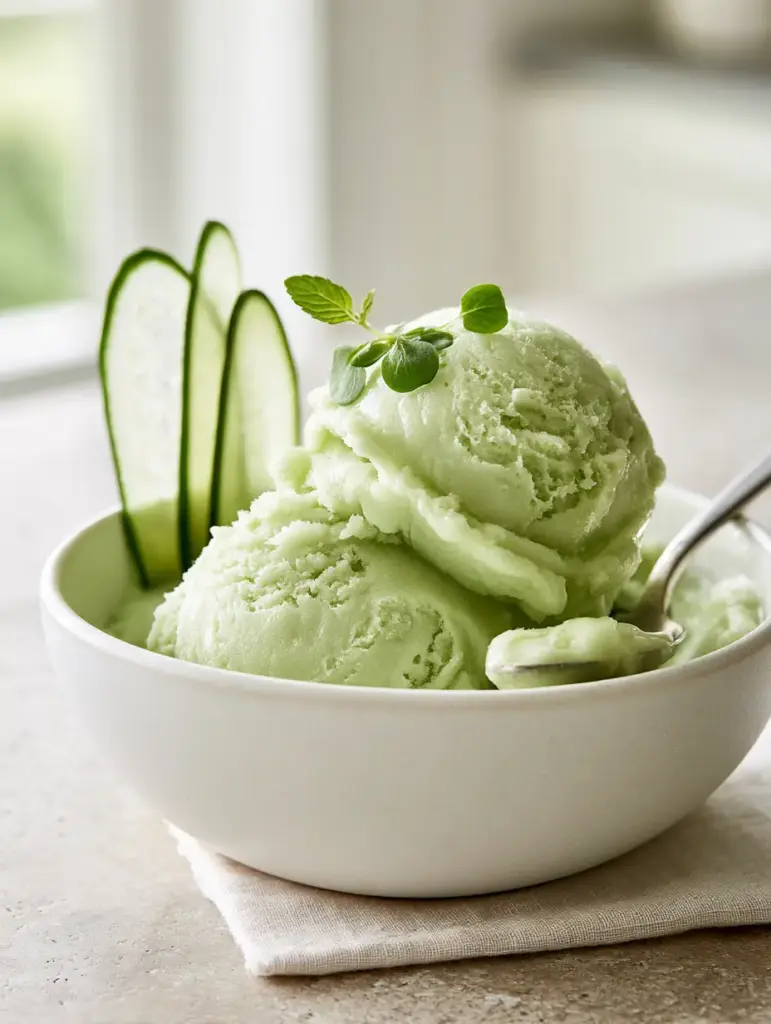 Honeydew Cucumber Sorbet: The Ultimate Silky Summer Refresher 1 Close up of translucent cucumber ribbons tucked into a pale green honeydew cucumber sorbet scoop.