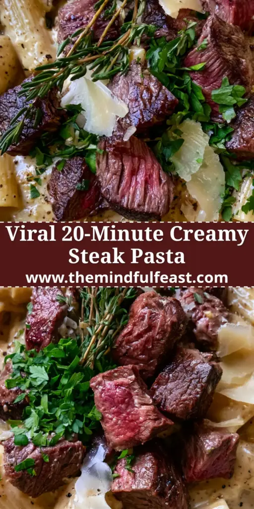 Steak Dinners: Creamy Garlic Butter Ribeye Steak Pasta with Rigatoni 4 Top-down view of creamy garlic butter steak pasta in a shallow ceramic bowl. (Steak Dinners)