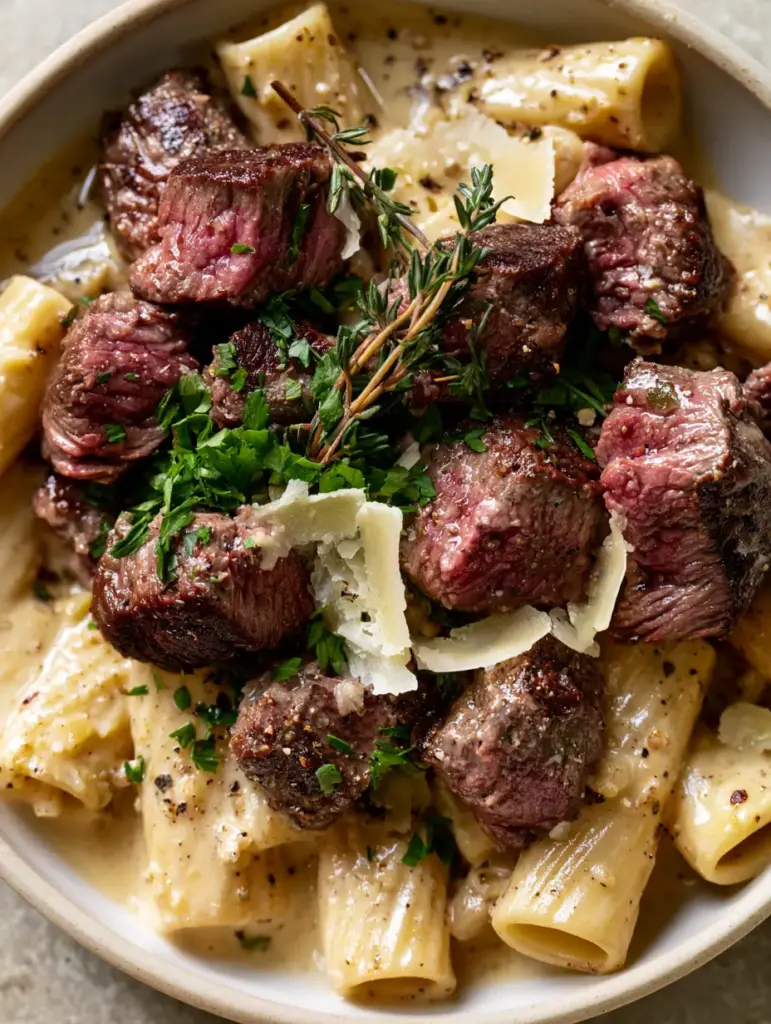 Steak Dinners: Creamy Garlic Butter Ribeye Steak Pasta with Rigatoni 2 Close-up of mahogany seared ribeye steak bites on rigatoni pasta with thyme garnish. (Steak Dinners)
