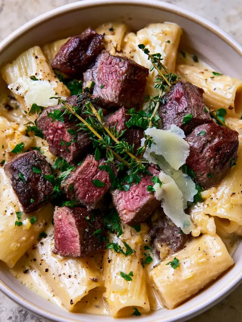 Steak Dinners: Creamy Garlic Butter Ribeye Steak Pasta with Rigatoni 1 Macro shot of rigatoni pasta coated in a pale-gold garlic cream sauce with parmesan shavings. (Steak Dinners)