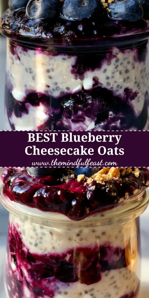 Blueberry Overnight Oats with Creamy Cheesecake Layers and Compote 4 A handheld glass jar of Blueberry Overnight Oats with deep purple compote, fresh blueberries, and graham cracker crumbs on a marble counter.