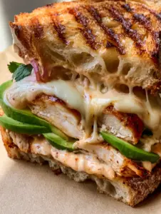 Macro shot of a Chicken Avocado Melt Sandwich showing perfectly toasted sourdough ridges and melted white sharp cheddar.