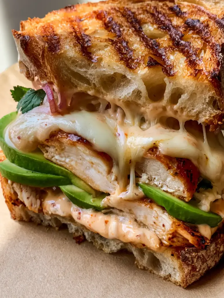 Chicken Avocado Melt Sandwich: The Ultimate Panera Copycat Recipe 2 Macro shot of a Chicken Avocado Melt Sandwich showing perfectly toasted sourdough ridges and melted white sharp cheddar.