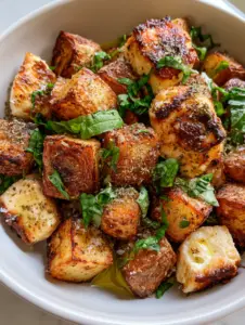 Extreme close-up of Baked Feta Roast Potatoes showing ultra-crispy craggy edges and charred feta peaks. (Baked Feta Roast Potatoes)
