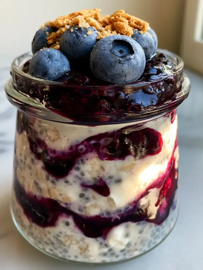 A close-up of a glass jar filled with Blueberry Overnight Oats featuring visible chia seeds and cream cheese chunks under morning sunlight.