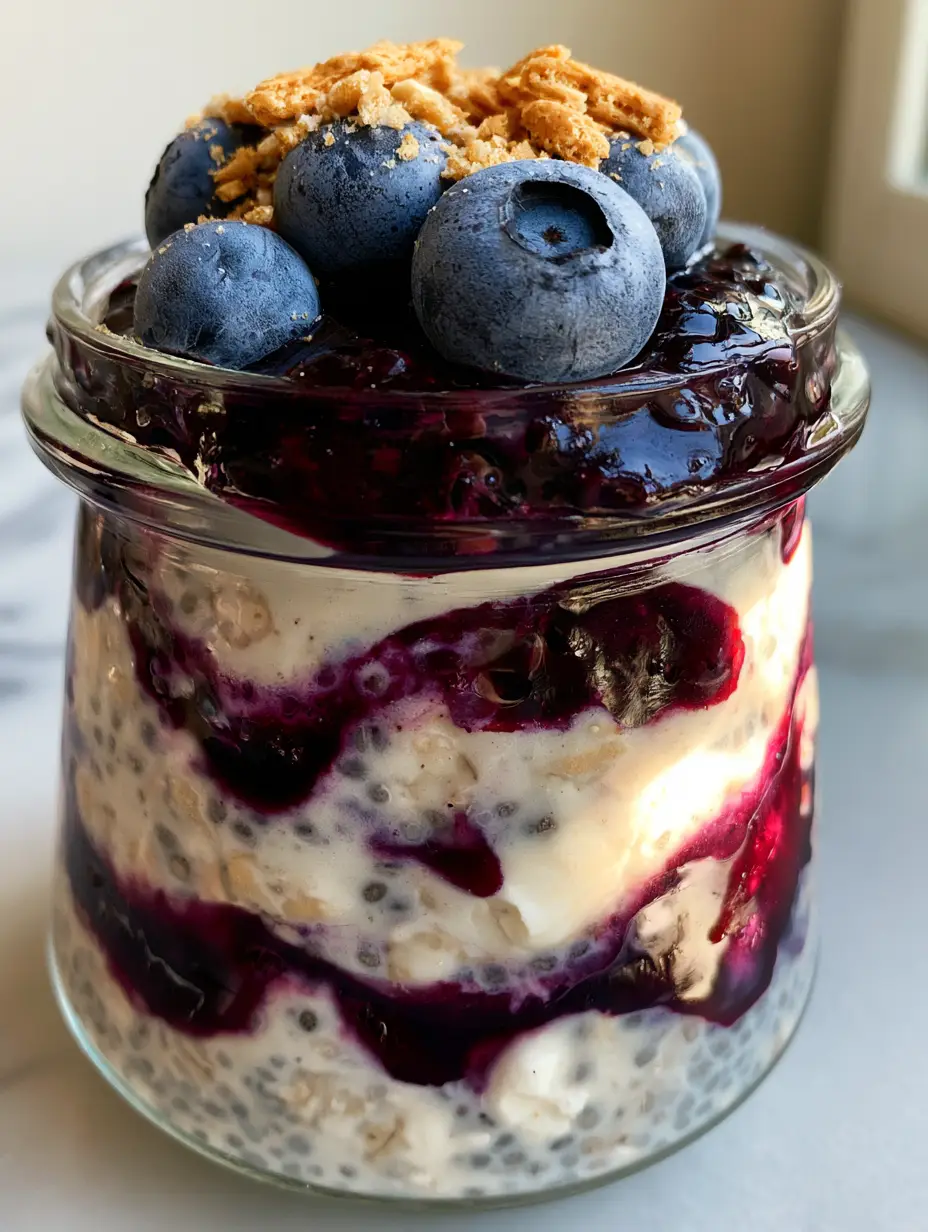 Blueberry Overnight Oats with Creamy Cheesecake Layers and Compote 3 A close-up of a glass jar filled with Blueberry Overnight Oats featuring visible chia seeds and cream cheese chunks under morning sunlight.